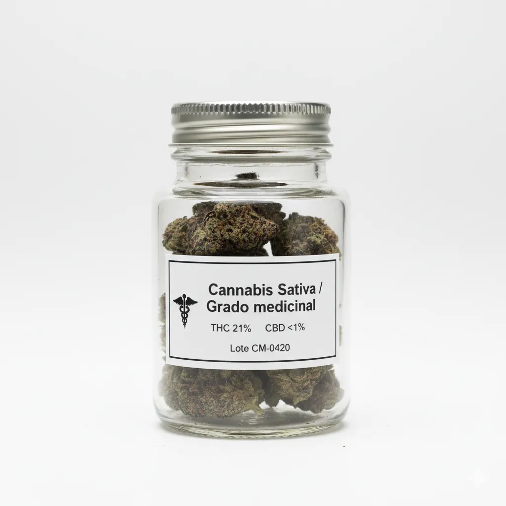 Frasco de vidrio con cannabis sativa medicinal, con etiqueta en español